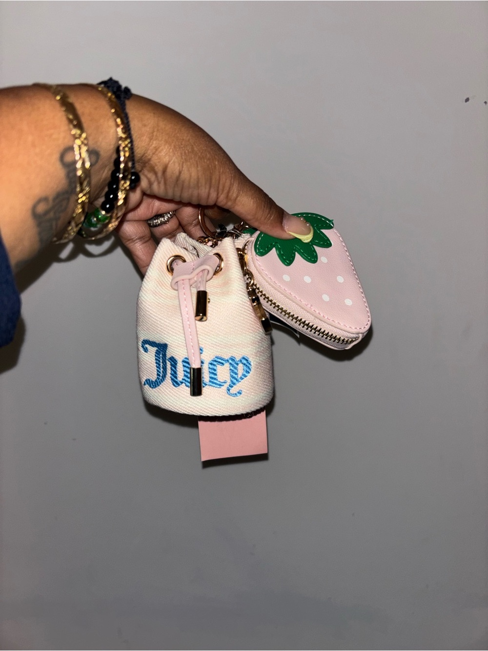 Juicy Couture Pink Strawberry Coin Purse & Mini Drawstring Key Pouch